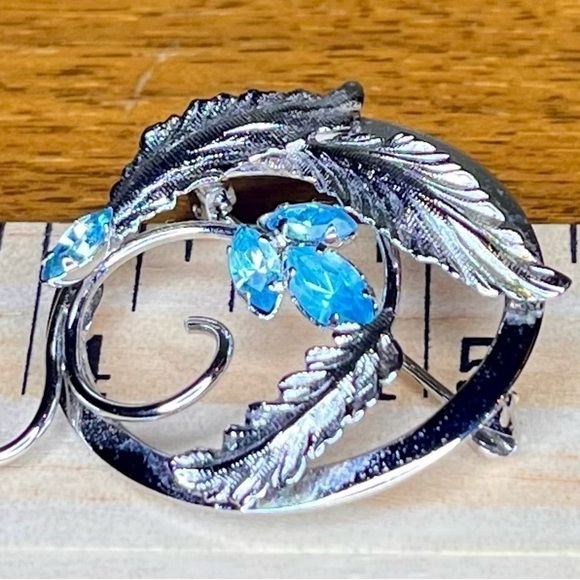 Star Art Priscilla Sterling Silver Brooch Pin W/ Faux Aquamarine Blue Topaz Gift - Picture 3 of 4